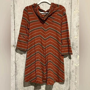 Free People New Romantics 3/4 Sleeve Burnt Orange Striped Dress Scoop Back Sz Sm
